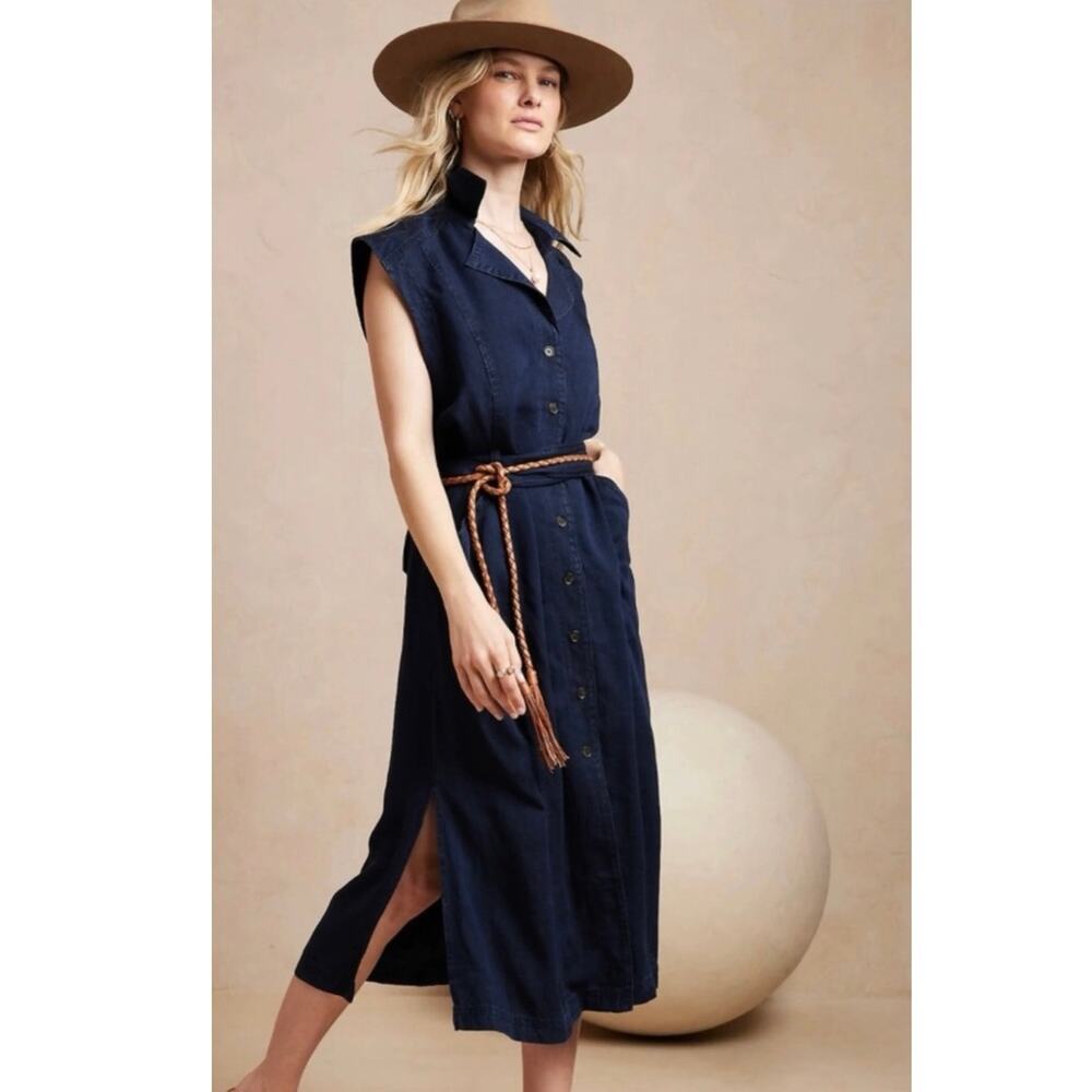 New With Tags Denim Dark Wash Chambray Banana Republic Belted Midi Dress- Medium